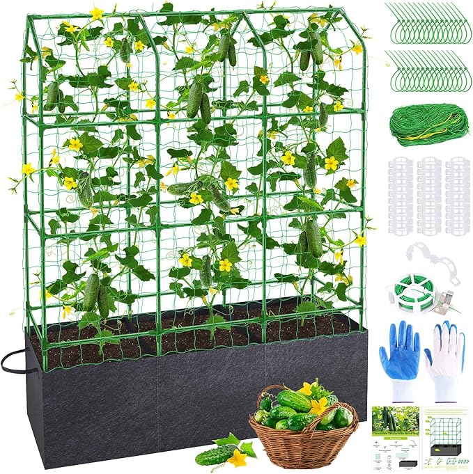 50x65x18 Inch Cucumber Trellis for Raised Bed - with 46 Gallon Grow Bags Garden Trellis for Climbing Plants Outdoor with Climbing Net and Plant Support for Cucumber Tomato Vegetable Grape Vine