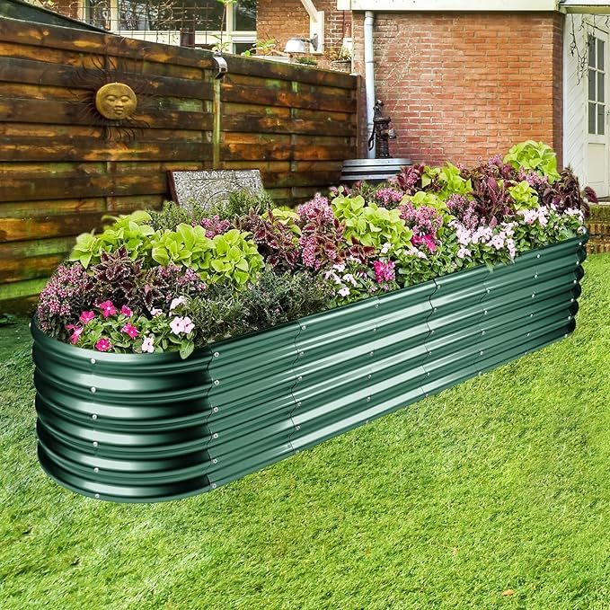 Land Guard 8×2×1.5ft Galvanized Raised Garden Bed Kit Raised Garden Boxes Outdoor Oval Metal Raised Garden Beds for Vegetables Forest Green