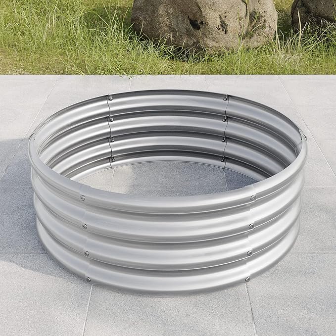 AMNOOL Round Raised Garden Bed Metal Raised Vegetable Bed Outdoor Garden Raised Planter Box Open Bottom Design Suitable for Vegetables Herbs Plants Succulents and Flowers (32.08 * 11.42 Silver)