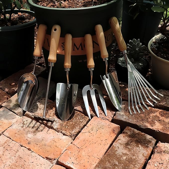 9 PCS Heavy-Duty Stainless Steel Garden Tools Set with Wood HandleGardening Set with Nylon BagPointed Shovel Graduated ShovelSoil Scoop3 Teeth Digging Fork5 Teeth rakeLeaf HarrowGarden Gloves