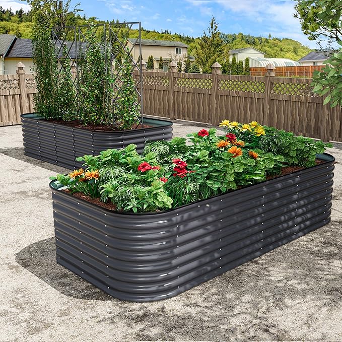 MUPATER 24''H Raised Garden Bed 8x4FT Galvanized Raised Garden Bed W/ 3 Aluminum Support Rods Mutli in 1 Modular Raised Planter Box Outdoor for Vegetables Plants Grey