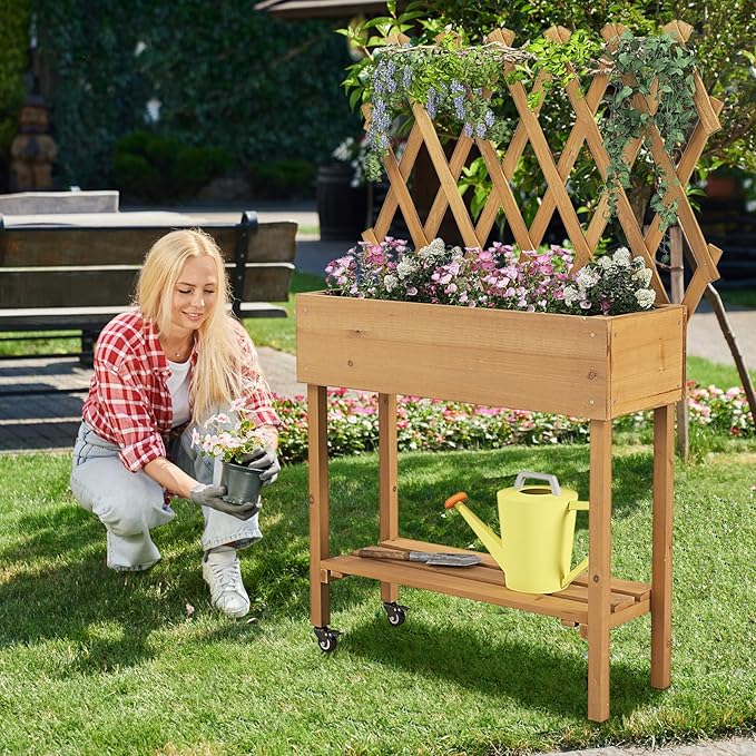Raised Garden Bed with Trellis Fir Wood Elevated Planter Bed with Legs 2 Lockable Wheels &amp Storage Shelf Wooden Planter Box Raised Bed for Gardening Backyard Balcony &amp Greenhouse