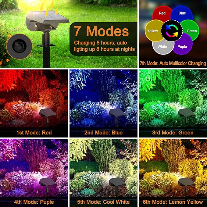 WELALO 6 Pack/7 Modes Solar Color Changing Spot Lights Outdoor 3 Modes/4 Pack/188 LED Solar Motion Sensor Lights Outdoor