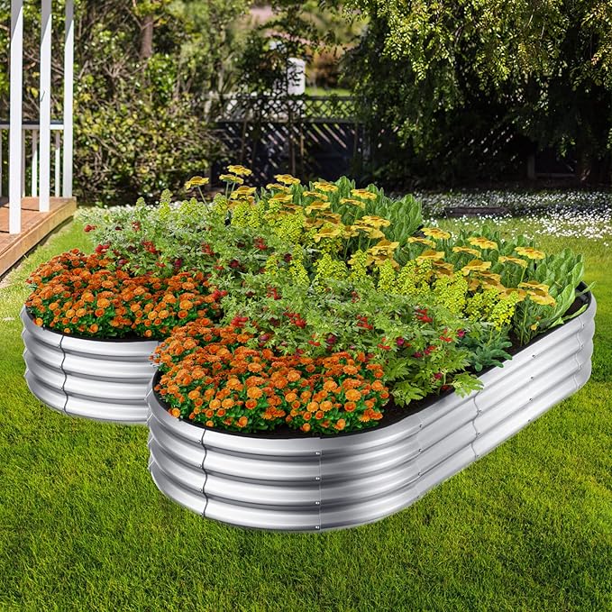Raised Garden Bed Kit 4x2x1 ft Galvanized Planter Box Outdoor with Safety Edging Large Metal Raised Beds for Gardening Vegetables Flower Herb (Classic Silver)
