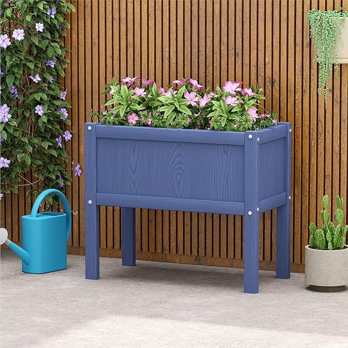 HDPE Raised Garden Bed with Legs All-Weather Outdoor Planter Box Easy to Assemble Drainage System Low Maintenance Non-Fading for Flower/Herb/Seed (Navy Blue)