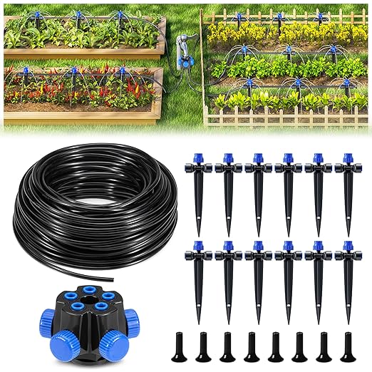 HIRALIY 50FT Garden Drip Irrigation Kit Automatic Watering System with 5-Way Connector Quick Connectors Adjustable Drippers Raised Bed Patio