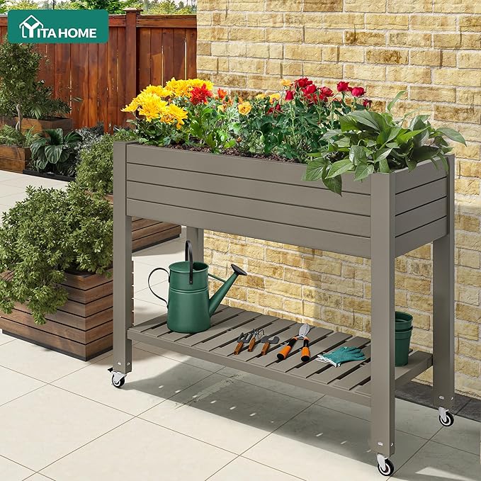 YITAHOME 43.3x17.7x34 in Elevated Garden Bed 2pcs Outdoor Plastic Planter Box with Wheels Legs Drain Plug and Storage Shelf for Plants Vegetables Flowers Herbs Light Brown