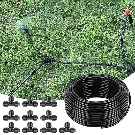 100FT 1/4 Inch Drip Irrigation Tubing with 10 Pack Push-to-Connect 1/4 Tee Connectors Distribution Drip Line Hose &amp Universal Tee Fitting for Drip Irrigation Parts or Drip System and Misting Sy