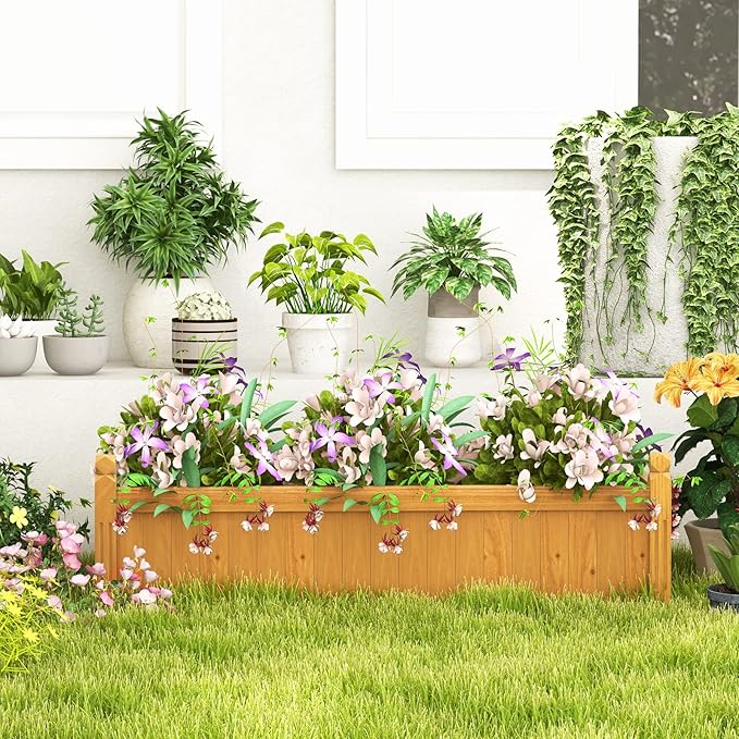 Giantex Raised Garden Bed Wooden Planter with Drainage Holes Rectangular Plant Box for Vegetables Flowers Herbs Fruit Growing Raised Container for Garden Patio Balcony Easy Assembly