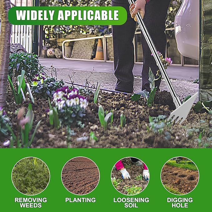 Dual Headed Hoe Garden Tool Adjustable Long Handle Weed Puller Stainless Steel Hoe Cultivator and Weed Rake Gardening Tool for Gardening Planting Weeding Digging Loosening Soil