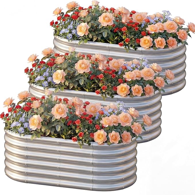 AHEONLAR 3 Pack 4×2×1.5ft Galvanized Raised Garden Beds Outdoor Sturdy Planter Boxes for Vegetables Fruits Flowers and Plants Easy Assembly Silver