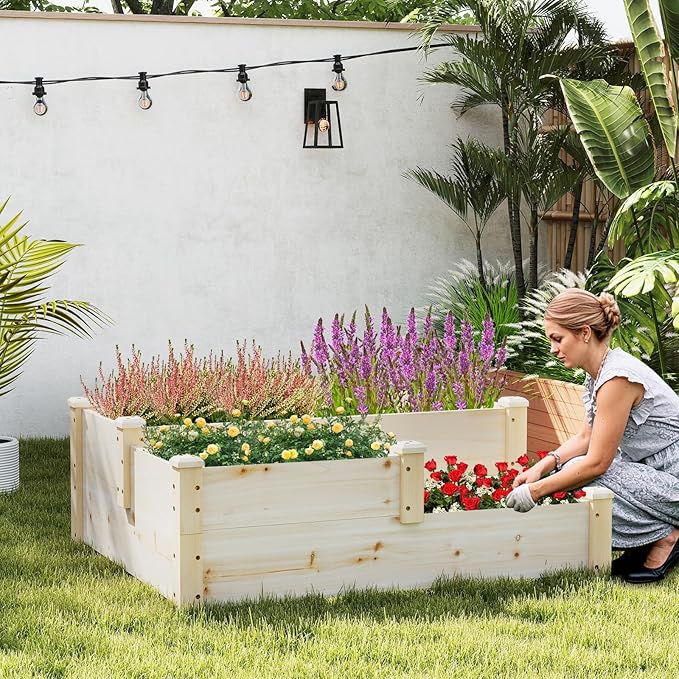 HAPPYGRILL 3-Tier Raised Garden Bed Wood Elevated Planter Box w/Open-Ended Base 3 Planting Depths&amp 2 Arrangement Options for Yard Lawn Outdoor Planter Raised Beds for Vegetables Herbs Fruits