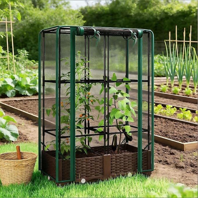 Organic Gardening Raised Bed with Enclosed Plant Cage Grow Healthier Vegetables Without Chemicals - Ventilated Crop Cage Protects Tomatoes Berries &amp Greens from Birds and Insects Naturally (Gree