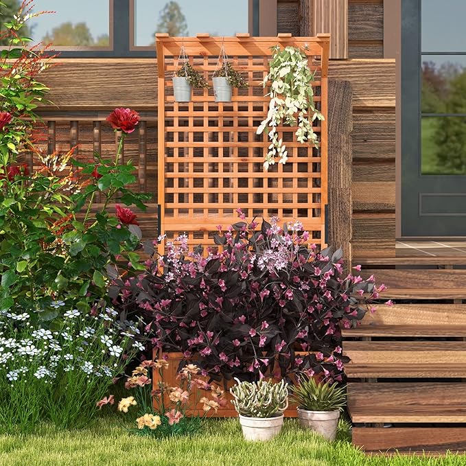 Wooden Planter Box with Trellis 72.5” Freestanding Garden Planter w/Hanging Roof 4 Drainage Holes &amp Lattice Panel Raised Garden Bed with Trellis for Vine Climbing Plants Flowers (1)