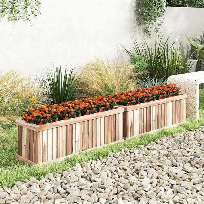Giantex Acacia Wood Raised Garden Bed Rectangular Planter Box w/Drainage Gaps Floor Standing Window Mount for Flower Vegetable Herb Fruit Outdoor Plant Container for Backyard Lawn 36x12x12