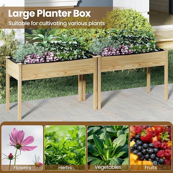 S AFSTAR 2 Pieces Wooden Raised Garden Bed with Legs Planter Box with Liner &amp Drainage Holes for Vegetable Flower Herb Indoor Outdoor Elevated Gardening Box for Backyard Patio Balcony