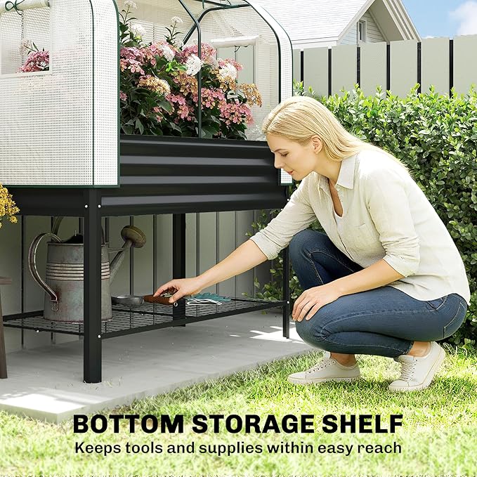 Outsunny Galvanised Raised Garden Bed with Greenhouse Cover Metal Elevated Garden Bed with Legs Bed Liner and Bottom Shelf Outdoor Raised Planter Box for Vegetables Herbs Flowers Black