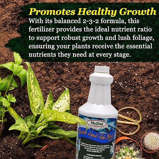 Medina Liquid Fish Blend Quart - 2-3-2 Fertilizer for GRO Bloom and Lush Gardens - Seaweed Enriched Plant Food for Vibrant Growth and Blooms - Available in 1 Qt.