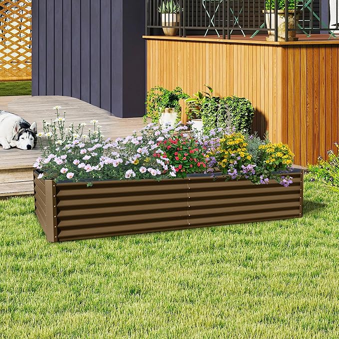 Domi 8x4x1.5ft Metal Raised Garden Beds Outdoor Thickened Galvanized Steel Deep Root Planter Box with Stabilizing Bars &amp Rubber Edging for Vegetables Flowers Herbs - Brown