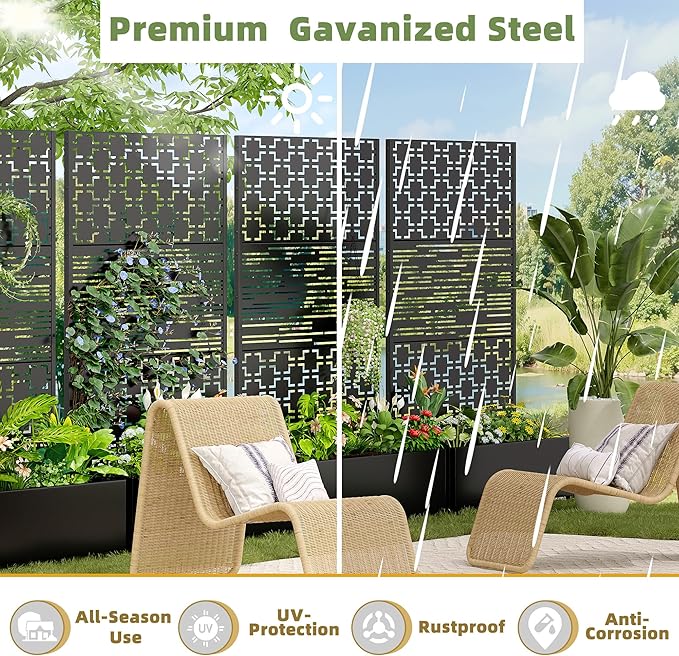Casaphoria Metal Raised Garden Bed with Trellis and Wheels 72x47x16 Planter Box for Climbing Plants Vegetables &amp Vines Features Drainage Holes and Privacy Screen Black(Square&ampShine)
