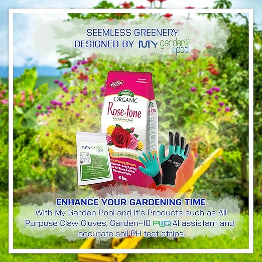 Espoma RT8 Organic Rose-Tone 4-3-2 8 lb. Bag for All Types of Flowering Plants with My Garden Pool PH Soil Test Strips 20 ct and Gardening Claw Gloves and Garden-IQ Smart Gardening AI Assistant!