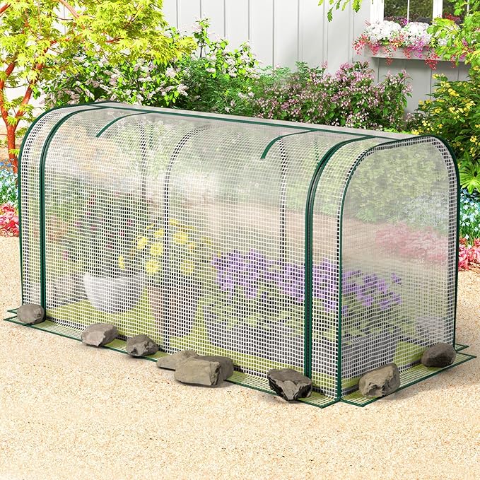 Raised Garden Bed with Greenhouse Waterproof Sun-Protective Green House with Roll-Up Door &amp Electroplated Metal Frame Pine Wood Elevated Planter Box with Drainage Holes(White+Natural)