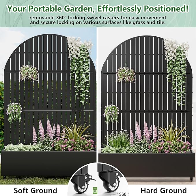 Casaphoria Raised Garden Bed Metal Planter Box with Trellis 72x47x16 for Outdoor Climbing Plants Flowers Vegetables and Vines Privacy Screen with Wheels and Drainage Holes(Black Vertical)