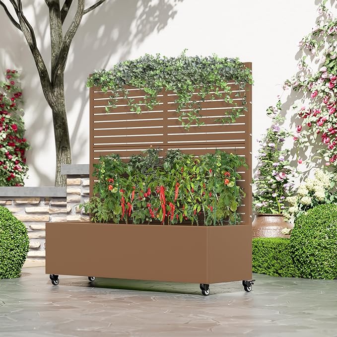 47x47x16 Metal Raised Garden Bed with Trellis Trellis with Planter Box for Backyard Patio Balcony Climbing Plants Brown Classic Shutter