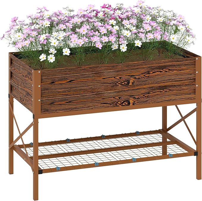 Outsunny Raised Garden Bed with Galvanized Steel Frame Storage Shelf and Bed Liner Elevated Planter Box with Legs for Vegetables Flowers Herbs Dark Brown