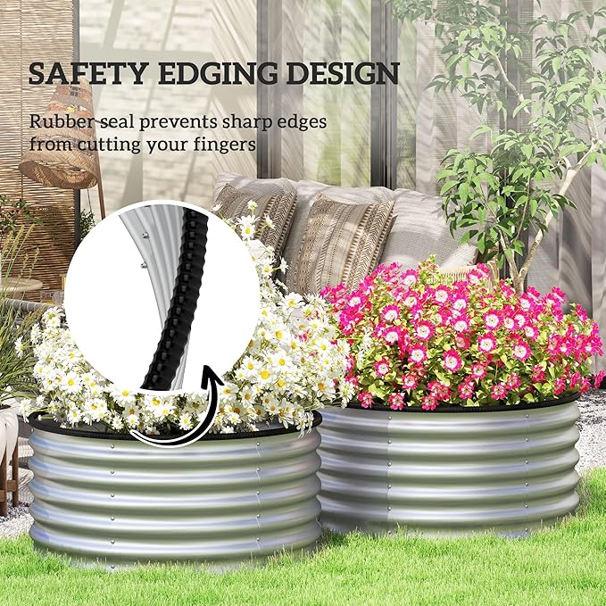 2-Piece Galvanized Raised Beds 35.4in Dia x 16.9in H – Heavy-Duty Steel Weatherproof Open-Bottom Rubberized Top Edge Silver