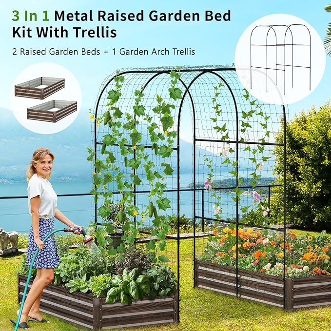 DoCred 3 in 1 Raised Garden Bed with 87in Tall Arch Trellis for Climbing Plants Galvanized Planter Garden Box Outdoor for Gardening Climbing Vegetables Flower