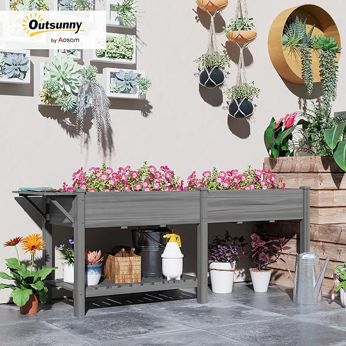 Outsunny Raised Garden Bed Wood Elevated Planter Box with Side Table Bottom Shelf Outdoor Raised Planter with Bed Liners Drainage Holes for Vegetable Flower 81.5 x 23 x 31 in Gray
