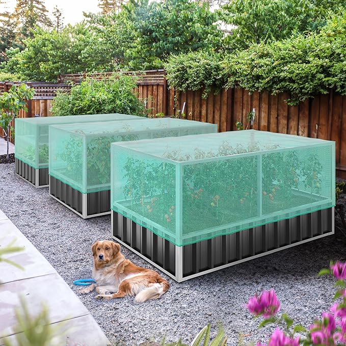 YITAHOME 5.7x3x2.3FT Large Raised Garden Bed with Anti Bird Protection Netting Structure Outdoor Steel Metal Patio Planter Box with Gloves &amp Reinforced Frame for Plants Vegetables Flowers (Dark G