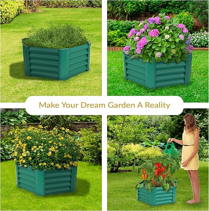 Sunnydaze Galvanized Raised Garden Bed Outdoor - Metal Planter Box for Gardening Vegetables and Plants - 16.25 H Hexagon - Green