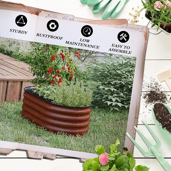 3.5' x 2' x 1.4' Galvanized Raised Garden Bed Kit Outdoor Metal Elevated Planter Box with Safety Edging Easy DIY Stock Tank for Growing Flowers Herbs &amp Vegetables Brown