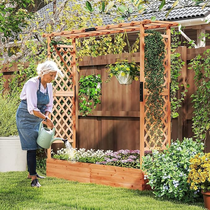 Giantex Raised Garden Bed with Trellis &amp Hanging Roof Wood Planter Box with Bottom and Drainage Holes Freestanding Garden Planter for Flower Vegetable Fruit Herb Climbing Vines 77x17x72