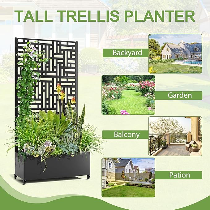 Raised Garden Bed with Trellis and Wheels73x35x16 Metal Raised Garden BedBlack Modern Metal Planter with Climbing Trellis for Vines &amp Vegetables