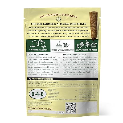 The Old Farmer's Almanac Tomato &amp Vegetable Plant Food Mini Spikes - NPK 6-4-6 for Continuous Feeding and Bountiful Harvests (72 Mini Spikes)