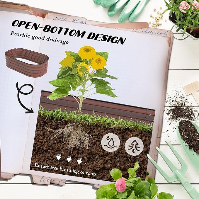 Galvanized Raised Garden Bed Kit Outdoor Metal Elevated Planter Box with Safety Edging Easy DIY Stock Tank for Growing Flowers Herbs &amp Vegetables Brown (3.5' x 2' x 1')