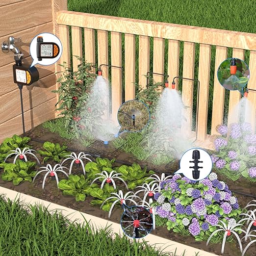 Automatic Drip Irrigation System Kit - 226FT with LCD Timer 3 Sprayer Types Automatic Garden Watering System 1/2 Inch Hose 1/4 Inch Distribution Tubing Garden Watering Solution for Outdoor Plants