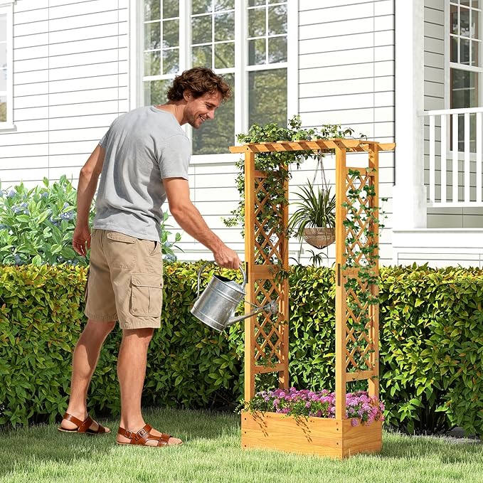 S AFSTAR Wooden Raised Garden Bed with Trellis 60 Elevated Planter Box with Hanging Roof &amp Open-Ended Base for Climbing Vine Flower Herb Vegetable Outdoor Plant Container for Patio &amp Yard