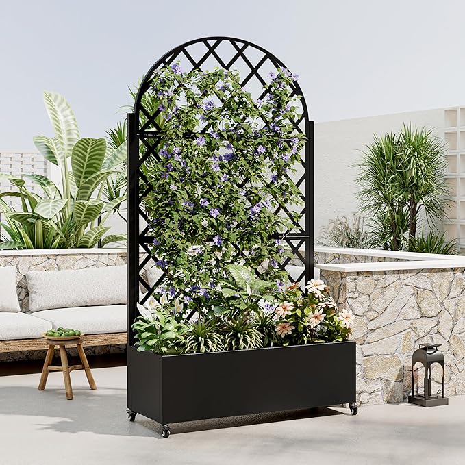 Stylish Black &amp Metal Round Planter Box with Trellis – Perfect Raised Garden Bed on Wheels for Climbing Plants Vegetables &amp Vines!
