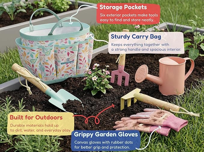 Gardening Set Tool Kit for Kids STEM Includes Tote Bag Spade Watering Can Rake Fork Trowel and Gloves Fruity