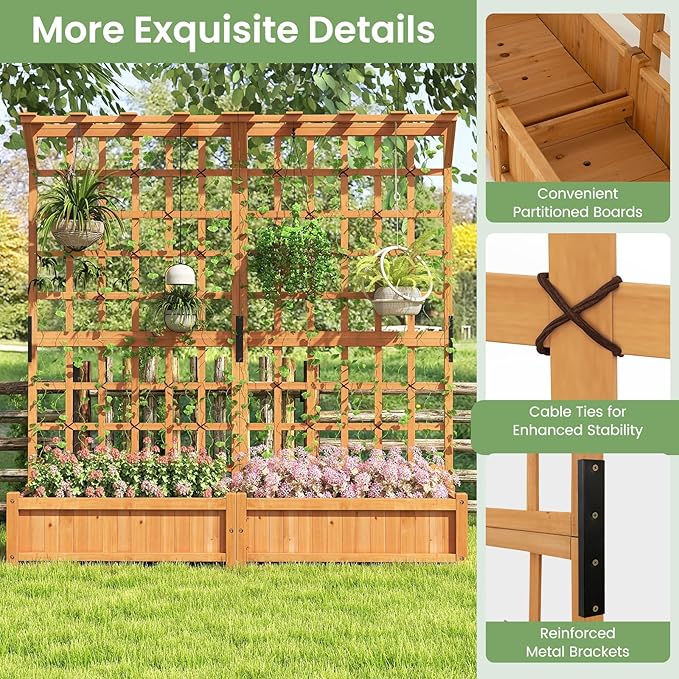 72” Planter Box with Trellis - Large Wooden Freestanding Garden Planter w/Hanging Roof 8 Drainage Holes &amp Lattice Panel - Raised Garden Bed with Trellis for Climbing Plants Flowers Vine