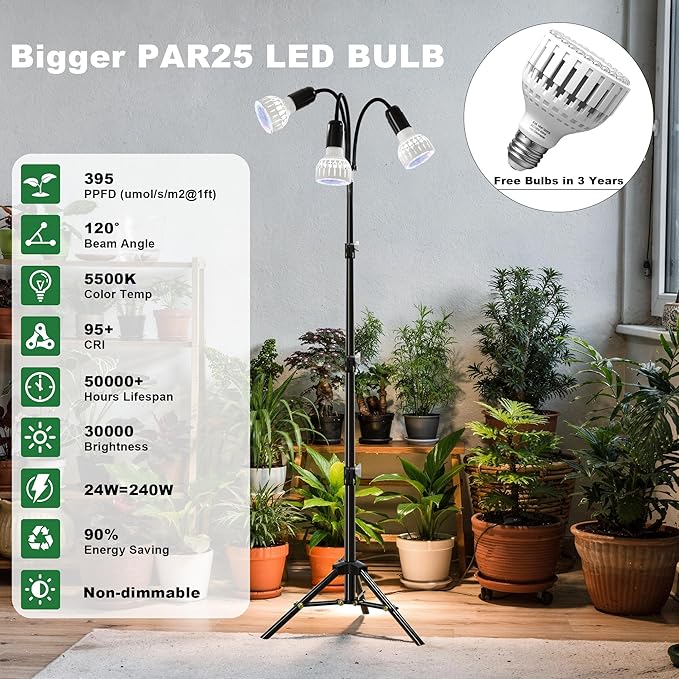 Grow Light 5500K (240 Watts Equiv) White Full Spectrum Plant Growing Lamp for Indoor PlantsLED Bulbs ReplaceableAdjustable Heigh 61''