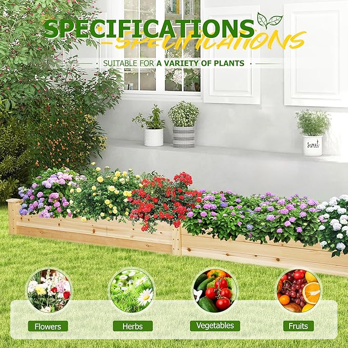 8FT Wooden Raised Garden Bed - Elevated Planter Box for Vegetables Flowers - Natural Outdoor Planting Kit for Patio Yard Backyard
