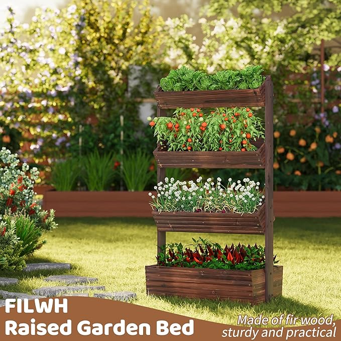 FILWH Wooden Raised Garden Bed Vertical Planter Box Freestanding Plant Stand for Indoor Outdoor Plants Herbs Flowers Vegetables Gardening (Carbonized 4-Tier29.9 x 17.9 x 55in)