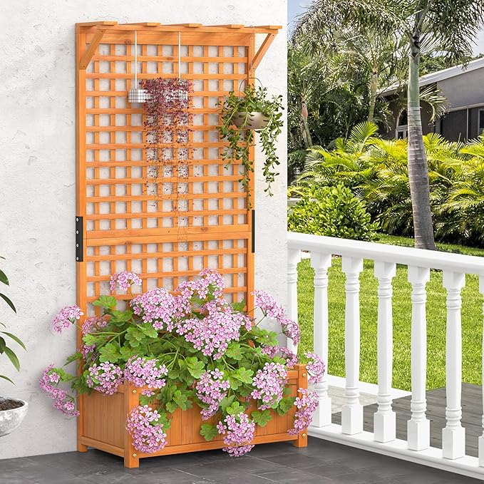 MAT EXPERT Raised Garden Bed with Trellis Lattice Panel with Hanging Roof Drainage Hole Planter Box for Flower Vine Elevated Outdoor Planter for Garden (1 35.5” x 17.5” x 72.5” (L x W x H))