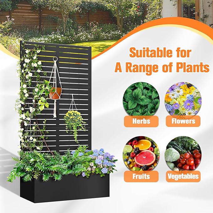 Metal Planter Box with Trellis Raised Garder Bed with Drainage Hole Privacy Screen &amp Trellis for Climbing Plants Outdoor Plant Stands 35''L×16''W×71''H Black