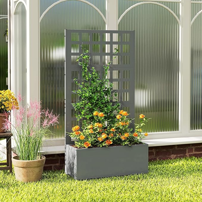 Outsunny Galvanized Raised Garden Bed with Trellis Metal Planter Box with Drainage Holes Outdoor Privacy Screen for Climbing Plants Vegetable Vines 24 x 9 x 44.5 Gray